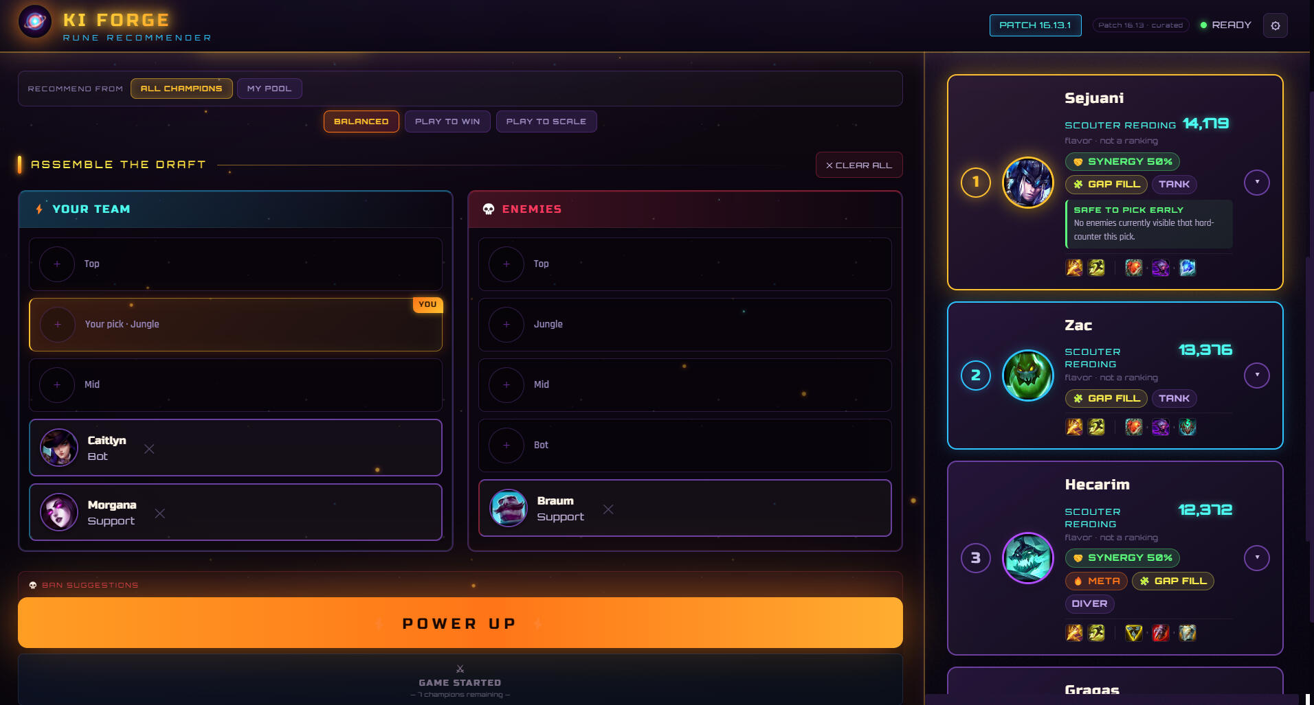 Your Top 5 — Scored Across 7 Dimensions Counters, synergy, meta strength, comp gaps, playstyle fit, safety, and your intent — all weighed together for every recommendation.
